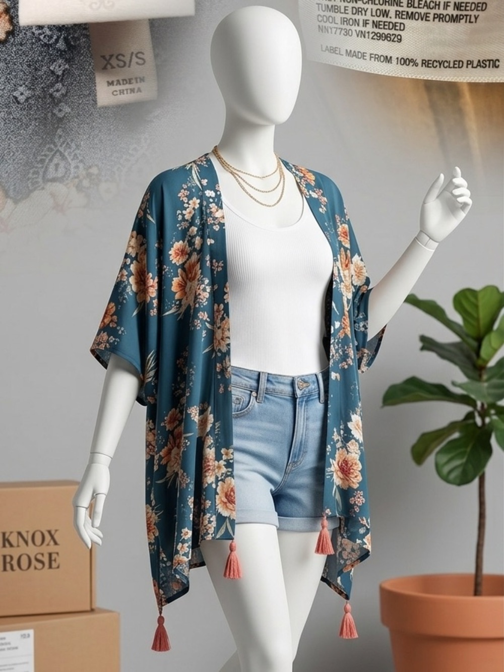 Knox Rose Boho Floral Kimono Cardigan Tassels Green Orange XS/S